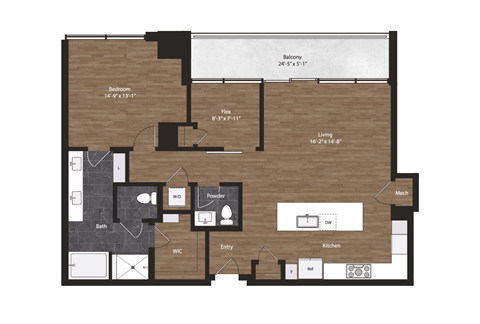 Deco Penthouse 1A floor plan 1 bedroom 1.5 bathrooms 1159 square feet